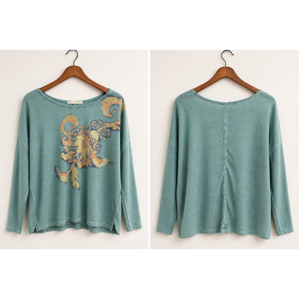 Peruvian Connection XL Boho Long Sleeve Top Teal Graphic Lightweight Soft Tee